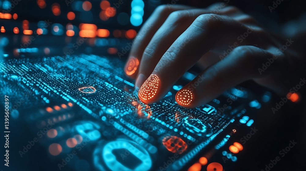Fingertips on Futuristic Interface: Human Interaction with Advanced Technology, Digital Data Visualization and Connectivity, Science Concept.