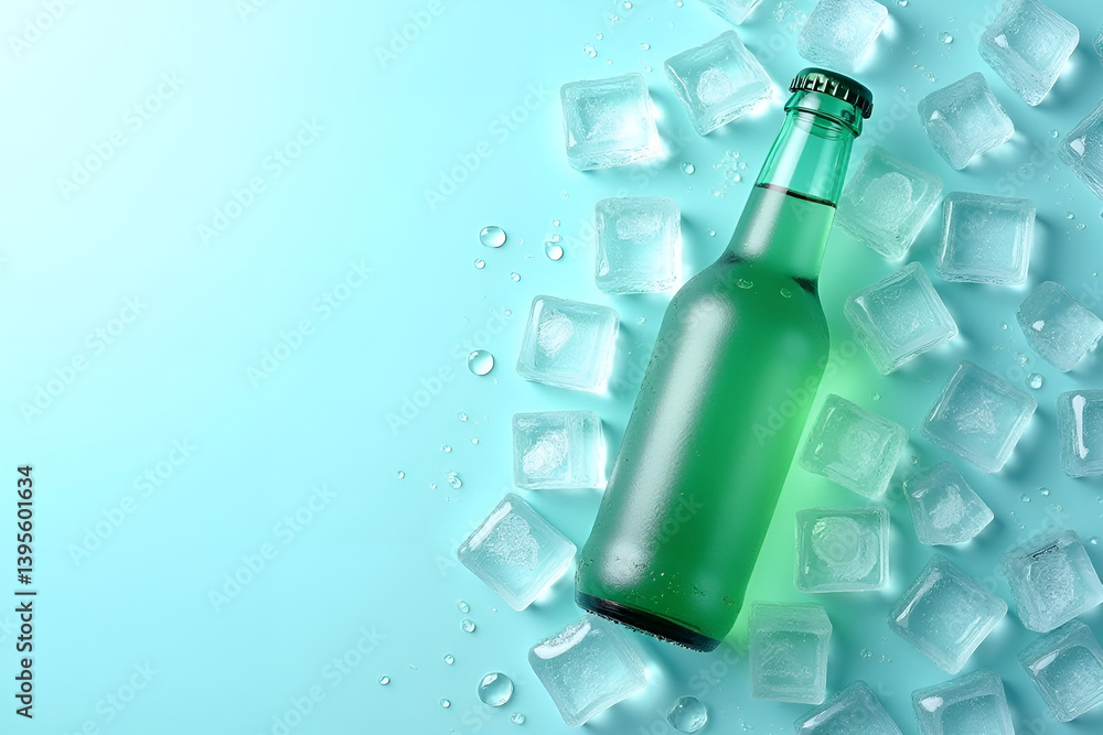 Aerial perspective of a frosted green glass bottle positioned on the right portion of a pristine light blue backdrop Aerial perspective of a frosted green glass bottle positioned on the right portion of a pristine light blue backdrop