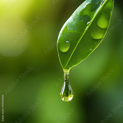 Drop of botanical oil serum into green glass bottle for organic skincare