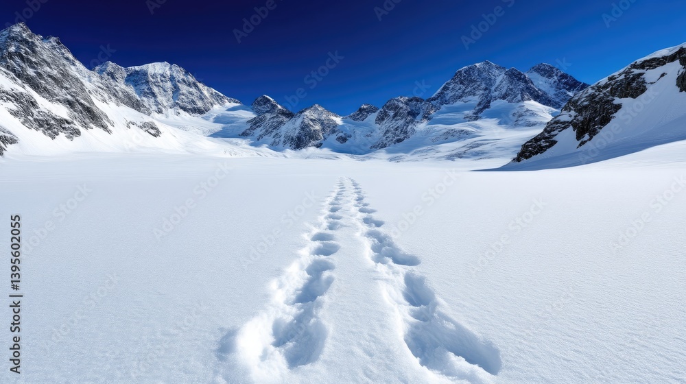 Fototapeta premium Pristine snow-covered glacier with footprints. Vast expanse of untouched white snow, leading towards majestic, snow-capped mountains. A clear, vibrant blue sky above. Perfect winter wonderland