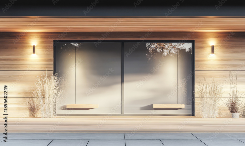 Fototapeta premium Modern wooden facade with minimalist design and serene ambiance at dusk