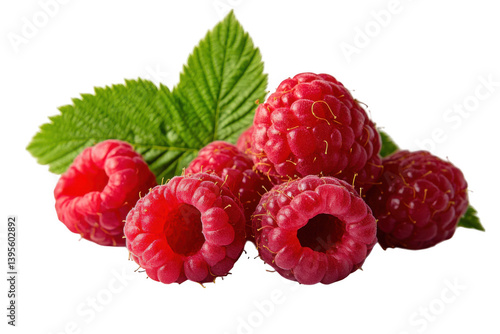 A cluster of vibrant raspberries with leaves on a dark surface on transparent background