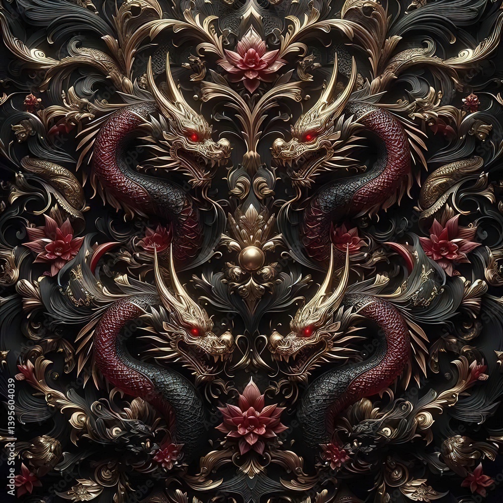 Fototapeta premium Chinese dragon on the wall statue culture ancient concept decoration background graphic