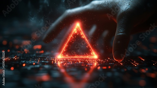Obraz na płótnie Glowing Triangle with Hand Touching Futuristic Surface, Representing Innovation and Cutting-Edge Technology, Dark Background. w salonie
