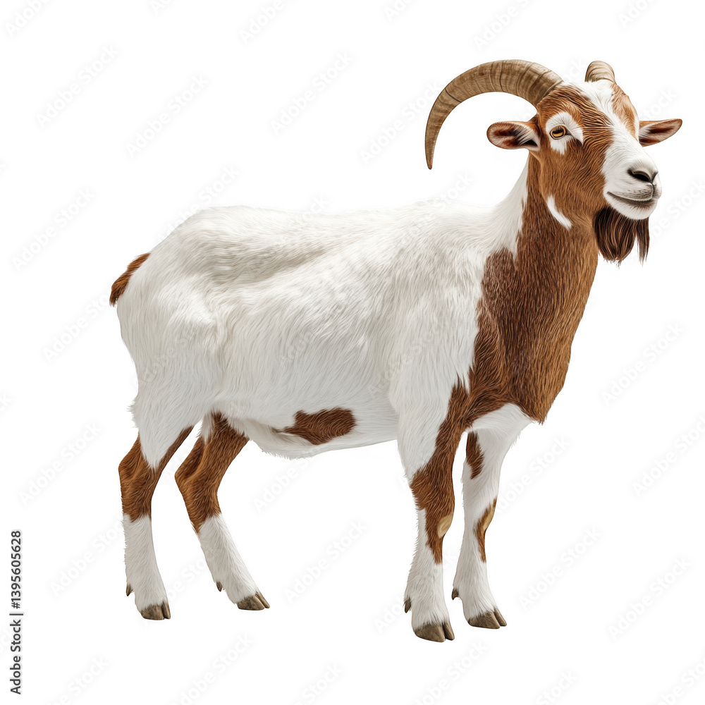 A full body depiction of a goat with white and brown fur standing on transparent background A full body depiction of a goat with white and brown fur standing on transparent background