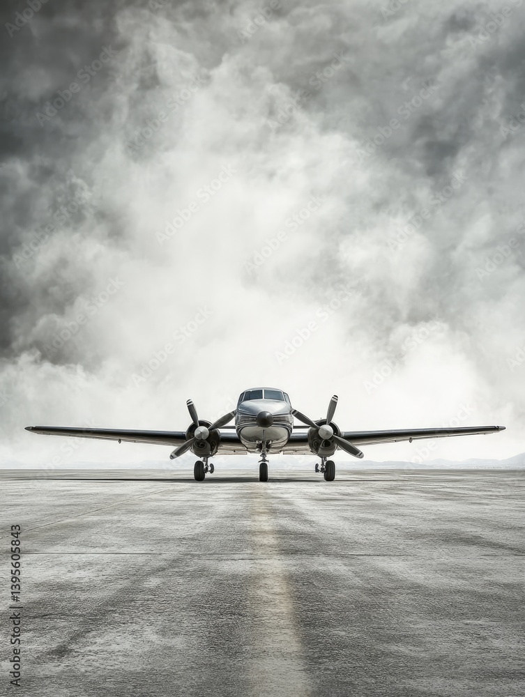 Fototapeta premium Small plane on runway, dramatic sky