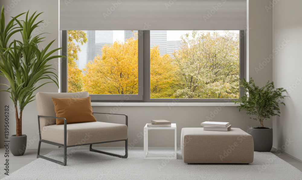 Fototapeta premium Cozy living room with modern furniture and autumn view through large window
