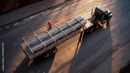 Industrial Logistics Flatbed Truck with Metal Pipes in Urban Construction Site - Daylight Overview