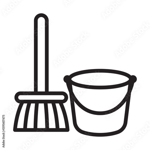 besom with stick and pail icon outline collection in black and on white background