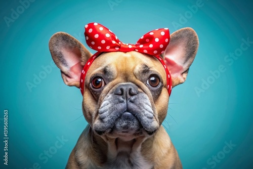 Cute French Bulldog in Heart Hairband, Valentine's Day, Blue Background