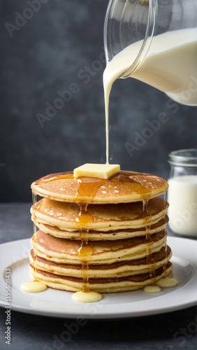 Wallpaper Mural A delightful stack of golden pancakes topped with butter and dripping syrup, enhanced by a gentle pour of creamy milk. Torontodigital.ca