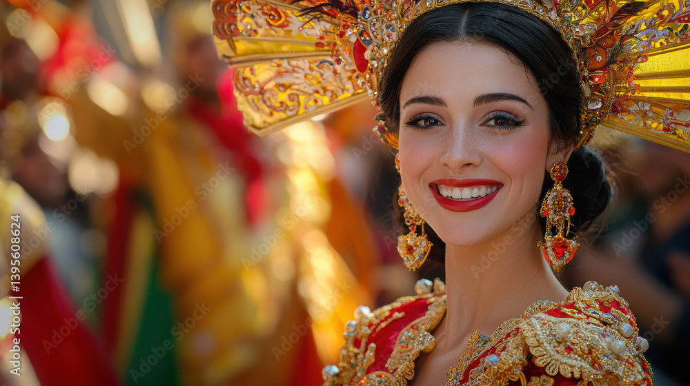 Fototapeta premium A smiling young woman in a vibrant red and gold costume with an ornate headdress participates in a lively festive parade showcasing traditional cultural attire and joyful