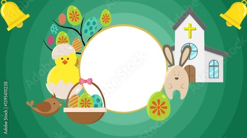 Colorful, animated Easter card with painted eggs, Easter bunny and church and space for text in the middle. Flat design.