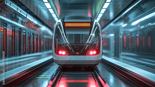 A modern train approaching within a futuristic tunnel environment