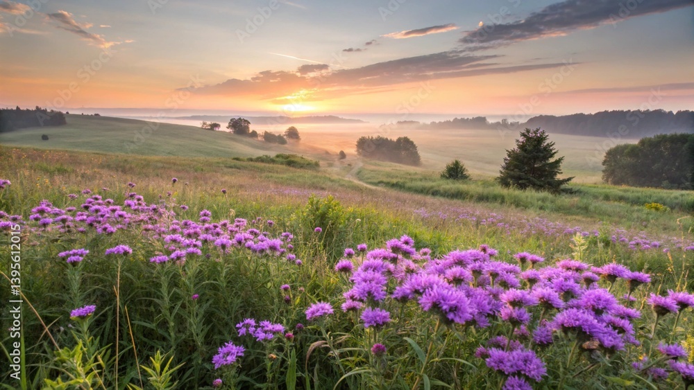 Obraz premium Purple wildflowers blooming at sunrise