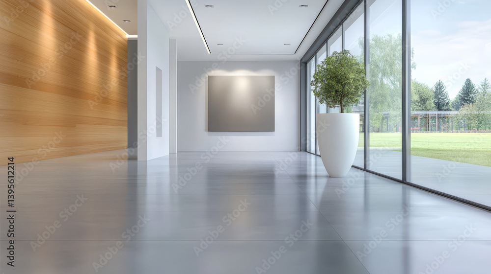 Fototapeta premium Modern interior design featuring large windows and minimalist decor in daytime