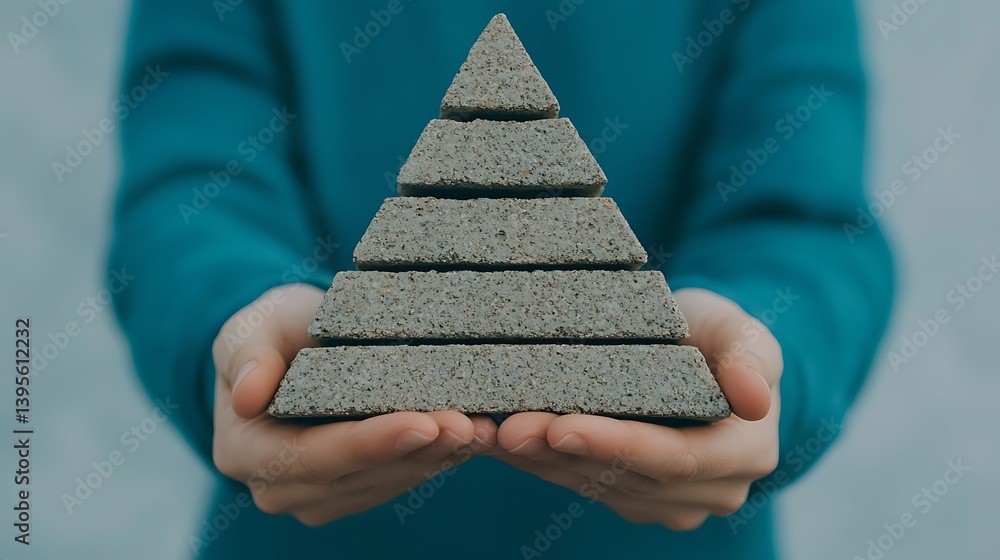Hands Holding Concrete Pyramid: Levels, Growth, and Stability Concept in Construction and Development Visualization Idea
