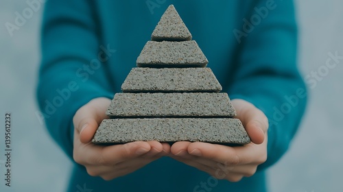 Hands Holding Concrete Pyramid: Levels, Growth, and Stability Concept in Construction and Development Visualization Idea