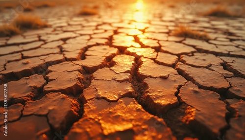 Worn terracotta earth with coppery veins, fine cracks, amber light, saltbush tendrils.