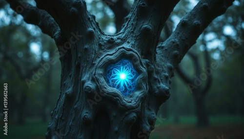 A close-up shot of a gnarled cork oak tree trunk with glowing filaments.