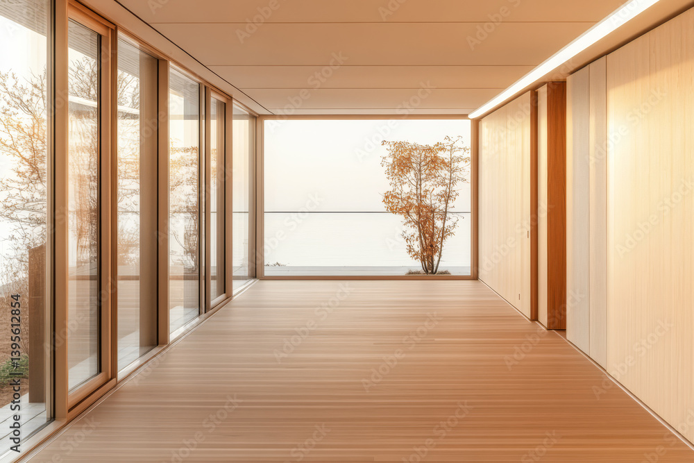 Fototapeta premium Modern interior design showcasing a serene space with panoramic views at sunset