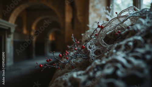 Abandoned banquet hall with intricate silver filigree, blackthorn tendrils, weathered stone walls, and tattered finery.