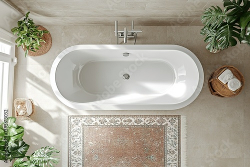 Top view of light bathroom interior with bathtub and sink, carpet