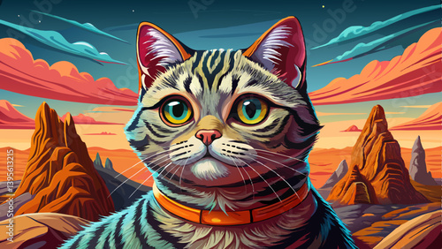 Funny cat portrait on mysterious land under a strange colored sky, animal pet banner