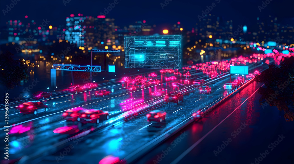 Fototapeta premium Vibrant Night Highway Cityscape With Neon Lights