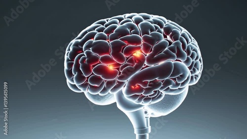 Illuminated brain diagram shows signs of stroke, dementia, and illness, highlighting affected areas in red, representing cognitive decline and memory loss in elderly healthcare
