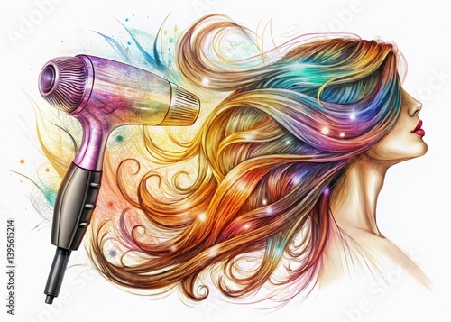 Double Exposure Hair Dryer & Hair Styling Tools: Artistic Stock Photo