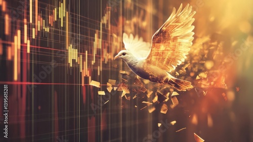 Symbolic image of a dove flying over shattered stock market graphs
