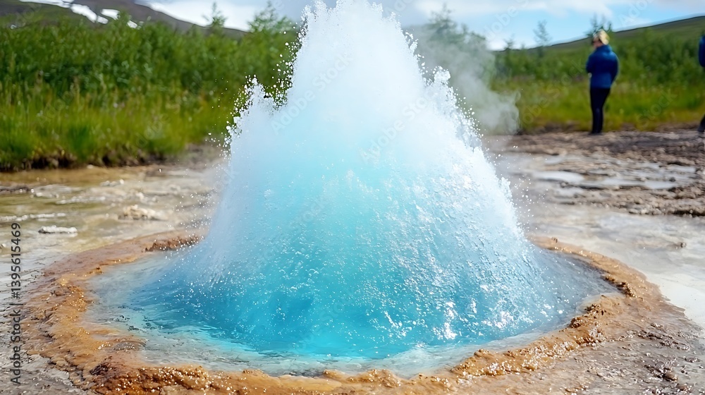 Fototapeta premium Majestic Blue Geyser Erupting Amidst Lush Green Landscape in Iceland