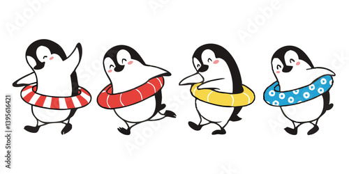 Cute Cartoon Penguin Collection – Winter Holiday, Snow Fun, and Summer Beach Clipart Set for Kids Designs and Seasonal Decorations.