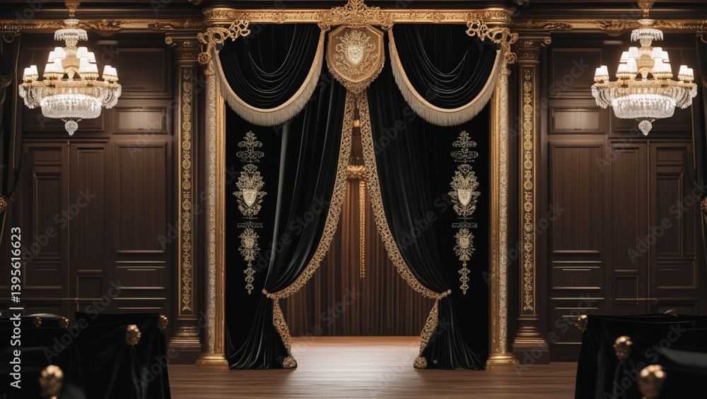 Fototapeta premium Opulent black velvet curtains adorned with gold embroidery grace a grand, dark wood room, illuminated by sparkling crystal chandeliers, creating an atmosphere of regal elegance.