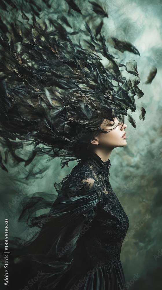 Obraz premium Woman with dark hair and dress surrounded by swirling leaves in a forest.