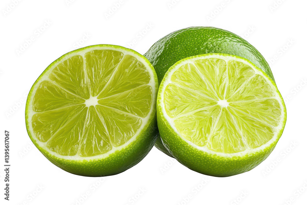 A close up of two lime halves and one whole lime on dark surface on transparent background A close up of two lime halves and one whole lime on dark surface on transparent background