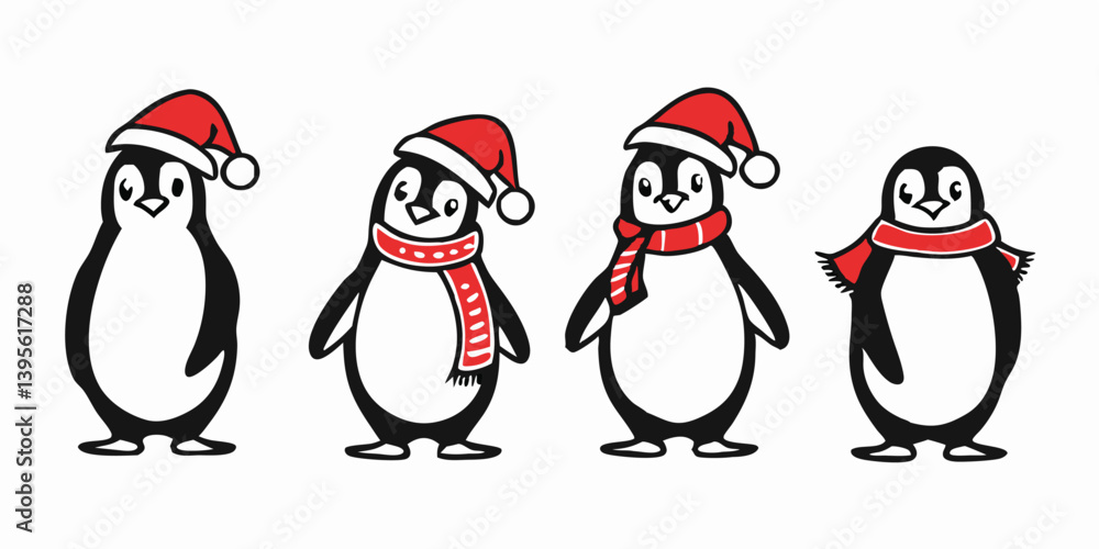 Obraz premium Cute Cartoon Penguin Collection – Winter Holiday, Snow Fun, and Summer Beach Clipart Set for Kids Designs and Seasonal Decorations.