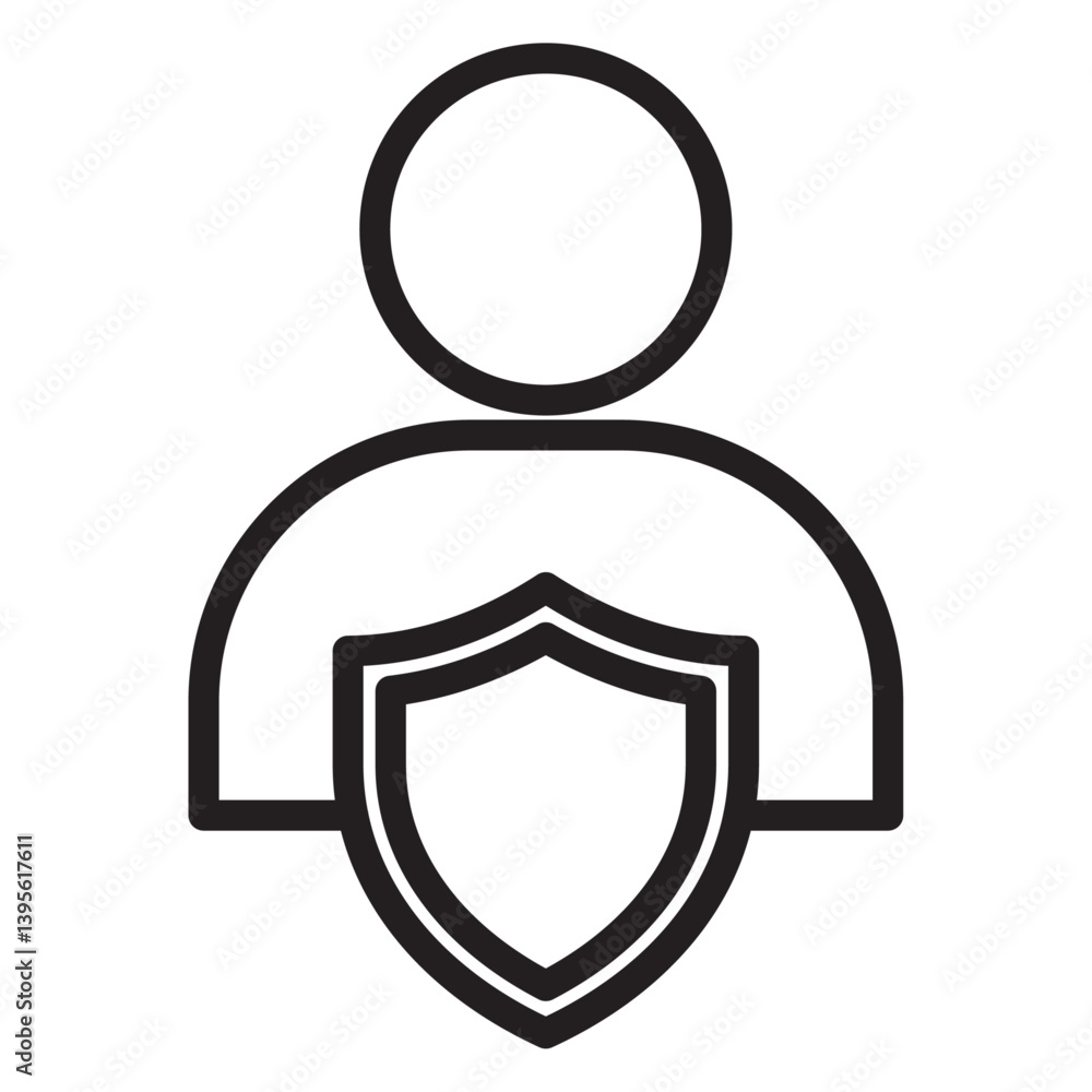 User protection shield icon outline collection in black and on white background