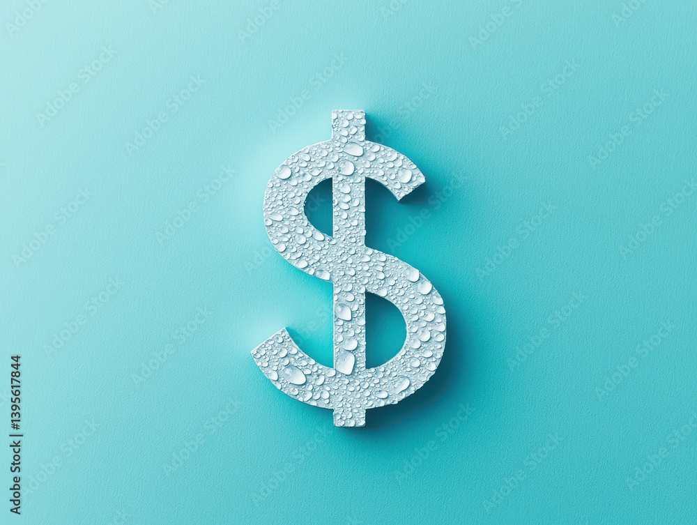 Smoothly curved dollar sign with water droplets on blue background evokes freshness and value Smoothly curved dollar sign with water droplets on blue background evokes freshness and value