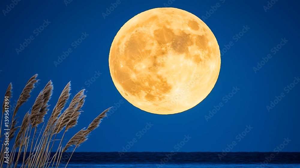 Fototapeta premium Majestic Full Moon Over Calm Sea with Silhouetted Reeds at Dusk