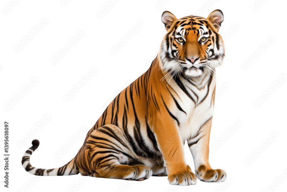 Fototapeta premium A tiger sitting and looking straight ahead on a dark background on transparent background