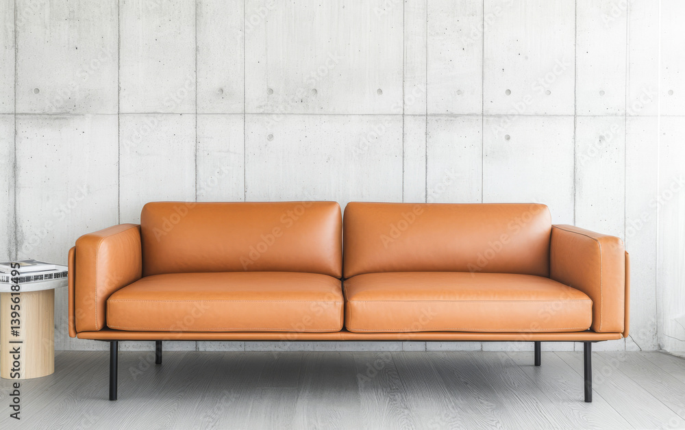 Fototapeta premium Modern leather sofa in minimalist living room with concrete wall and natural light