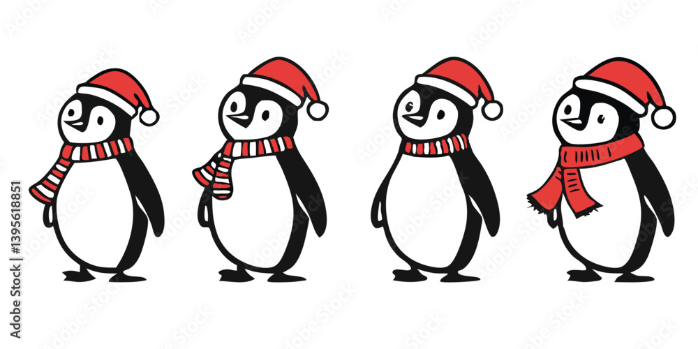 Fototapeta premium Cute Cartoon Penguin Collection – Winter Holiday, Snow Fun, and Summer Beach Clipart Set for Kids Designs and Seasonal Decorations.