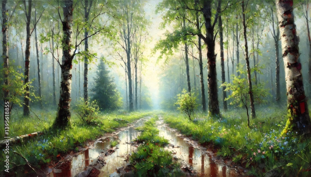Fototapeta premium Impressionist painting of spring forest after rain with muddy path