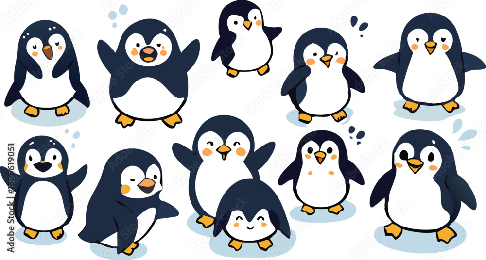 Obraz premium Penguin Vector Collection – Stylized Emperor Penguins Walking, Swimming, and Grouped in Arctic Wildlife Scene.