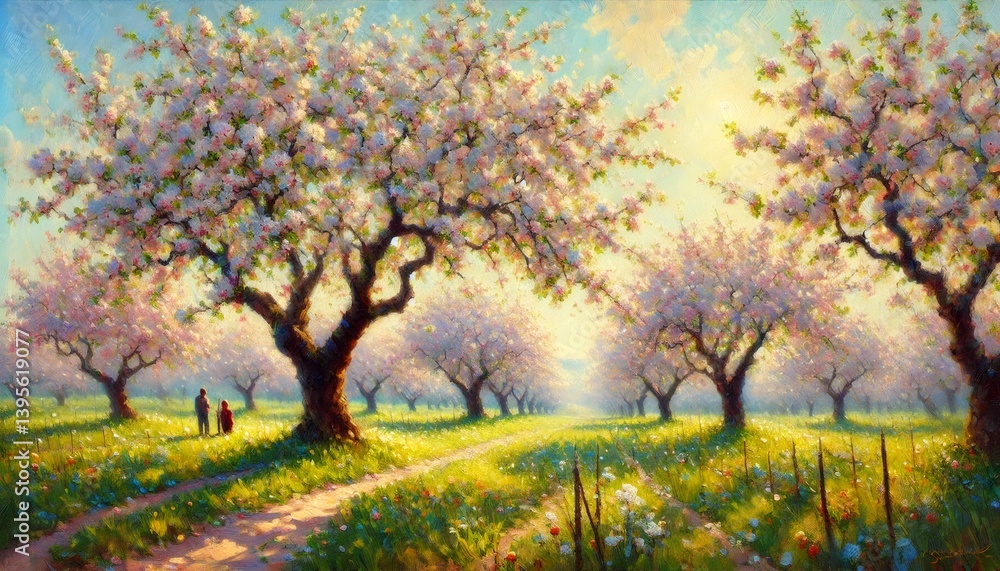 Fototapeta premium Couple enjoying blossoming orchard in springtime impressionist painting