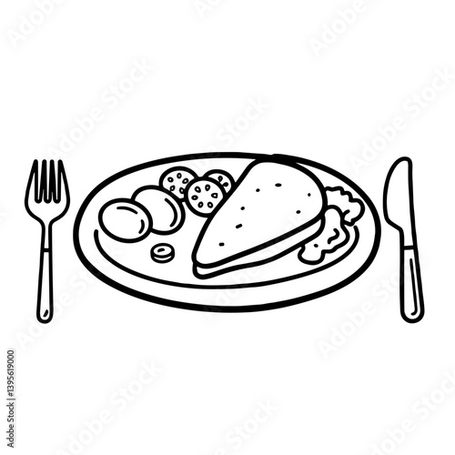 Minimalist line art illustration of a plate of food with an omelet and sides