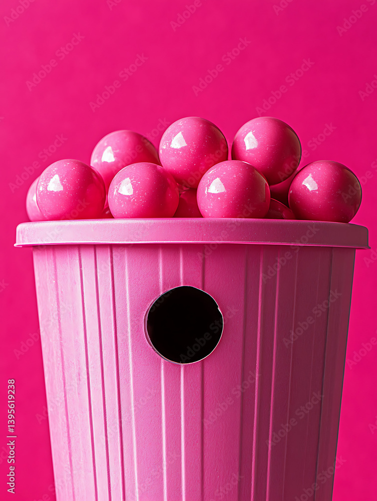Pink spheres overflow a pink container with a dark hole set against a matching bright pink background.
