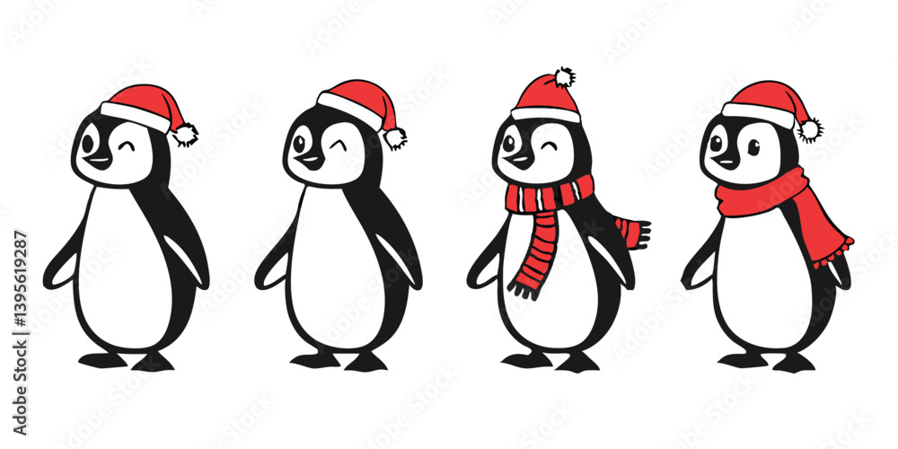 Fototapeta premium Cute Cartoon Penguin Collection – Winter Holiday, Snow Fun, and Summer Beach Clipart Set for Kids Designs and Seasonal Decorations.